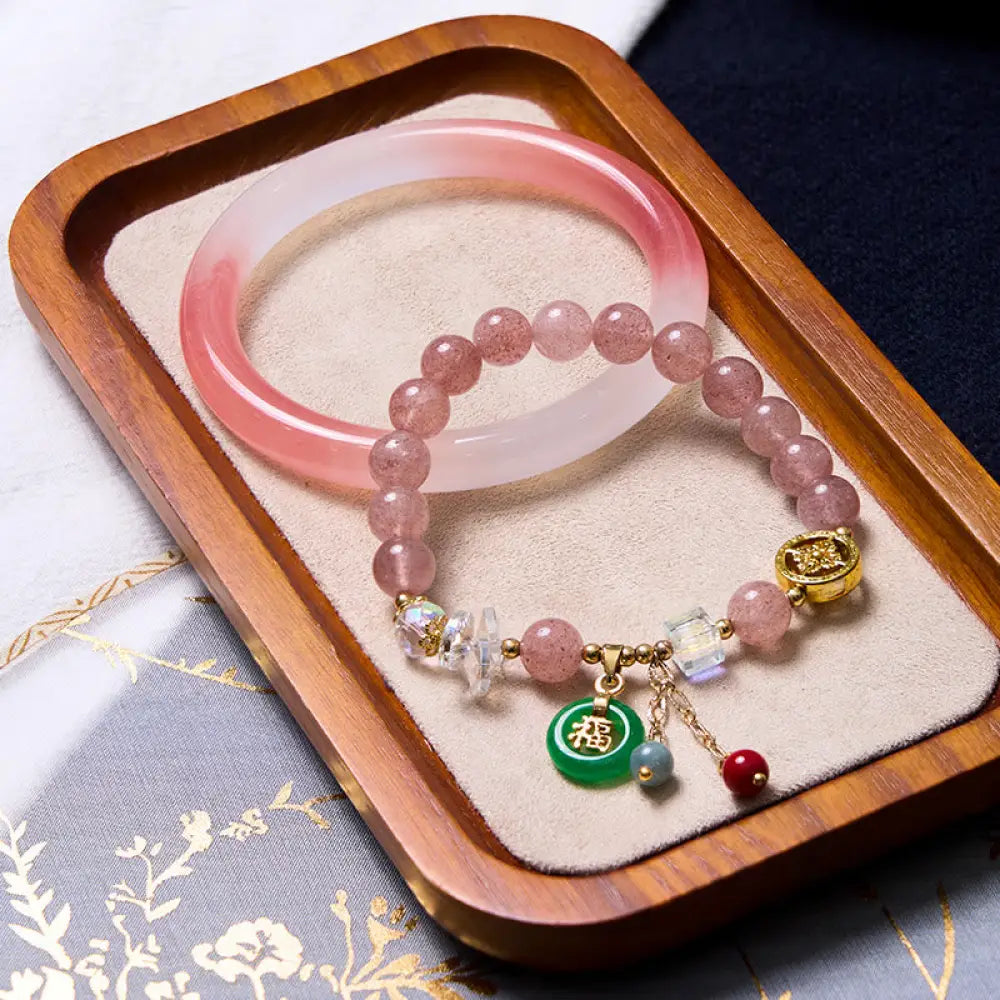 BWOOOH Attracting Love and Protection Pink Bracelet Bangle Bundle - Strawberry Quartz Bracelet&Pink Golden Silk
