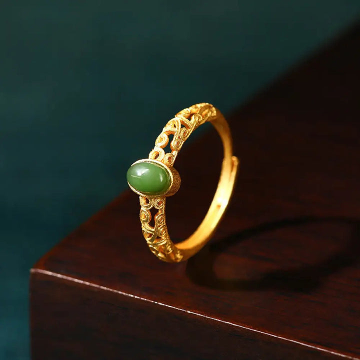 BWOOOH Auspicious Cloud Pattern Cyan Jade Luck Adjustable Ring — Cyan Jade jade bracelet for spiritual healing and mindful...