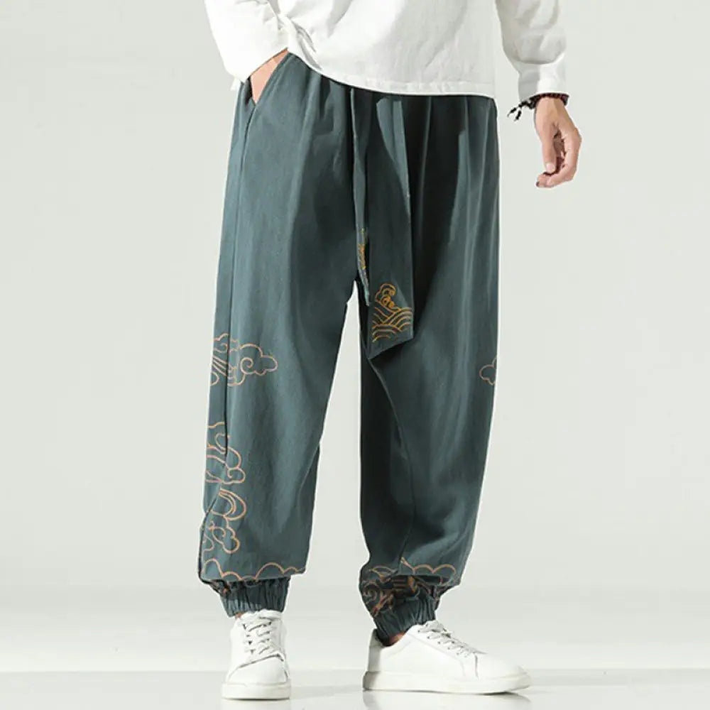 Buddha Stones Auspicious Clouds Cotton Linen Men’s Drawstring Harem Pants With Pockets - DarkCyan / US/UK/AU36，EU46 (L)