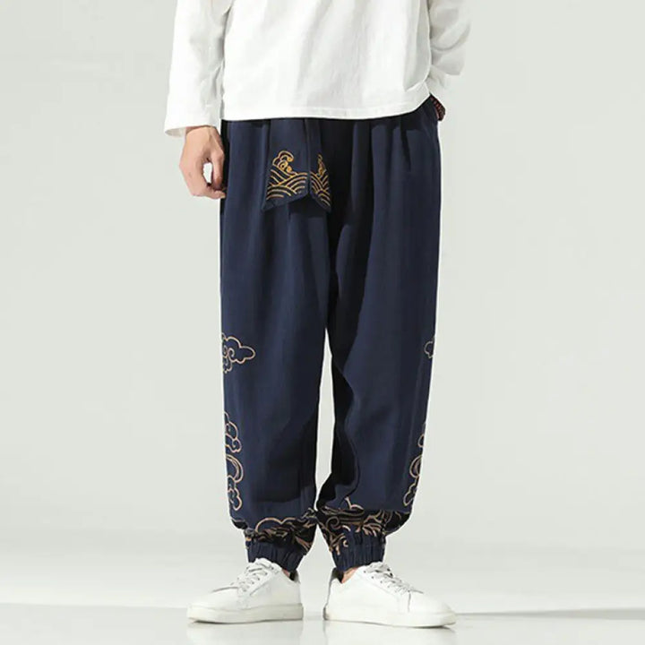Buddha Stones Auspicious Clouds Cotton Linen Men’s Drawstring Harem Pants With Pockets - MidnightBlue / US/UK/AU36，EU46