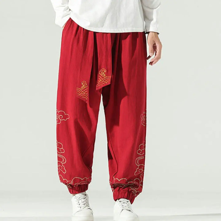 Buddha Stones Auspicious Clouds Cotton Linen Men’s Drawstring Harem Pants With Pockets - Red / US/UK/AU36，EU46 (L)
