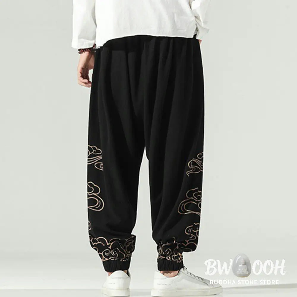 Buddha Stones Auspicious Clouds Cotton Linen Men’s Drawstring Harem Pants With Pockets - Men’s Tapered Pants