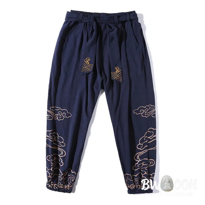 Buddha Stones Auspicious Clouds Cotton Linen Men’s Drawstring Harem Pants With Pockets - Men’s Tapered Pants