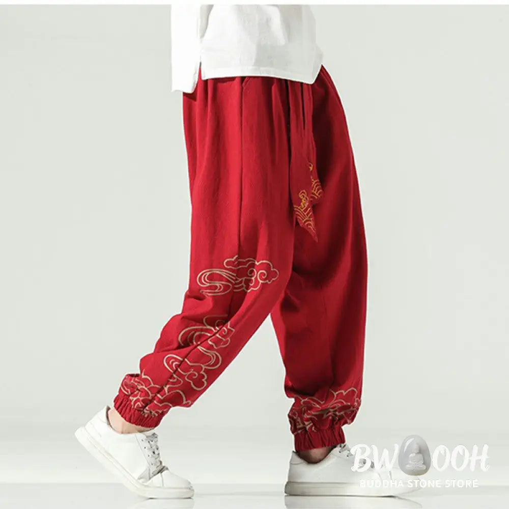Buddha Stones Auspicious Clouds Cotton Linen Men’s Drawstring Harem Pants With Pockets - Men’s Tapered Pants