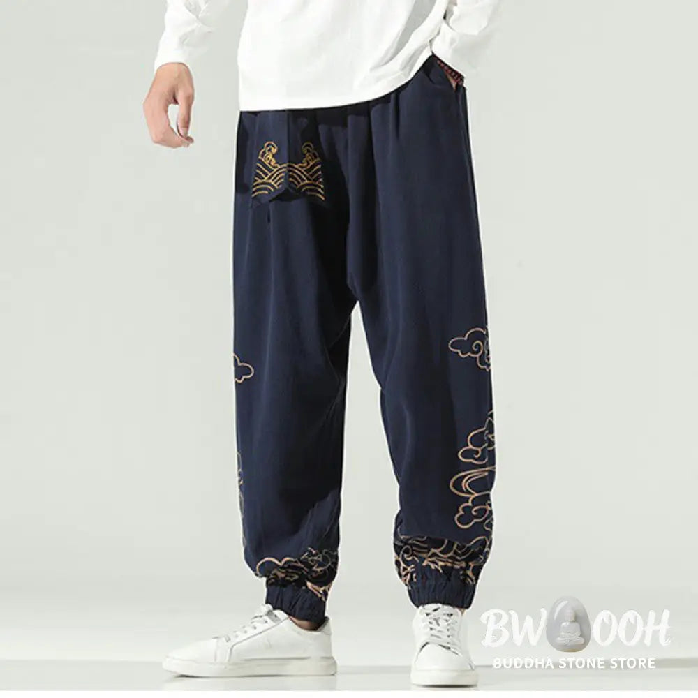 Buddha Stones Auspicious Clouds Cotton Linen Men’s Drawstring Harem Pants With Pockets - Men’s Tapered Pants