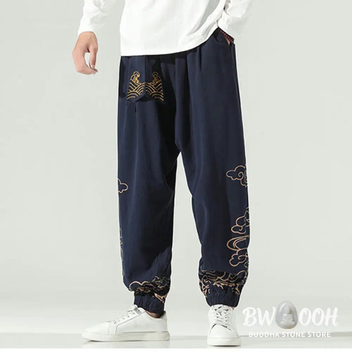 Buddha Stones Auspicious Clouds Cotton Linen Men’s Drawstring Harem Pants With Pockets - Men’s Tapered Pants