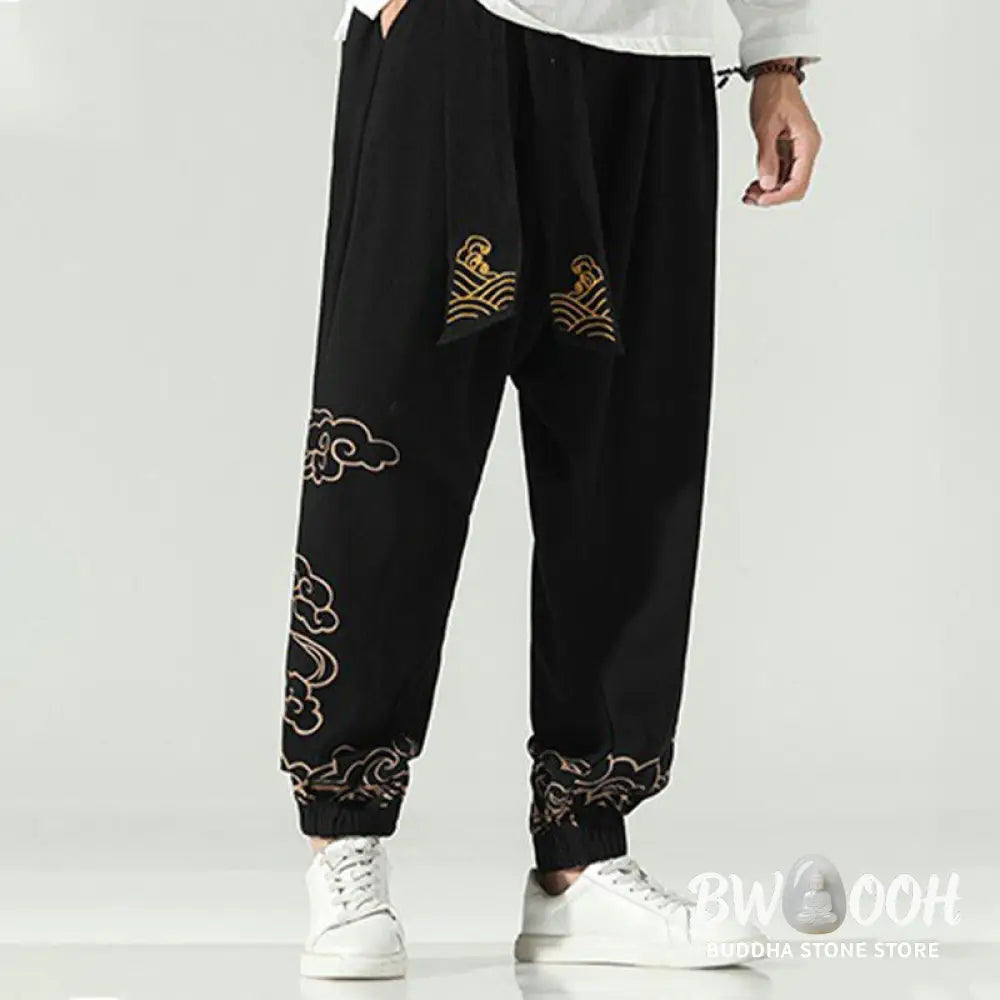Buddha Stones Auspicious Clouds Cotton Linen Men’s Drawstring Harem Pants With Pockets - Men’s Tapered Pants