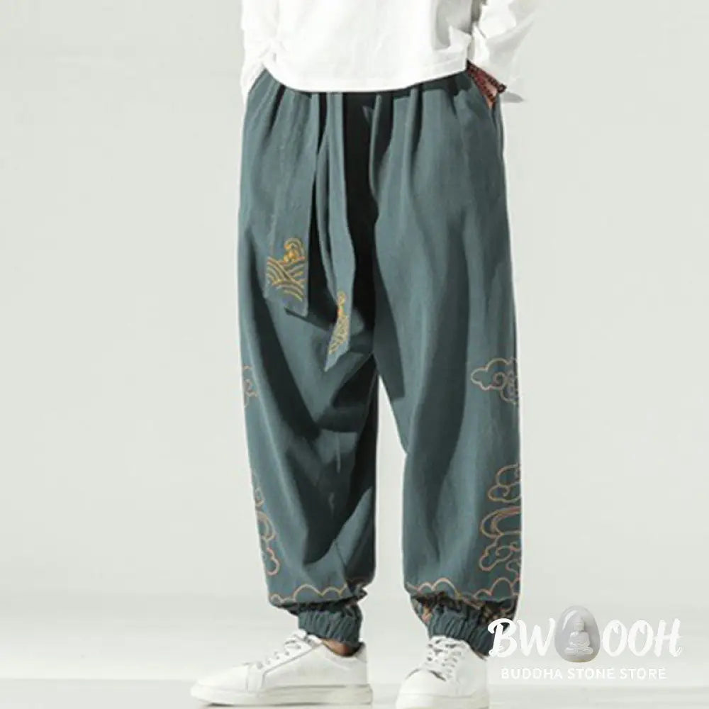 Buddha Stones Auspicious Clouds Cotton Linen Men’s Drawstring Harem Pants With Pockets - Men’s Tapered Pants