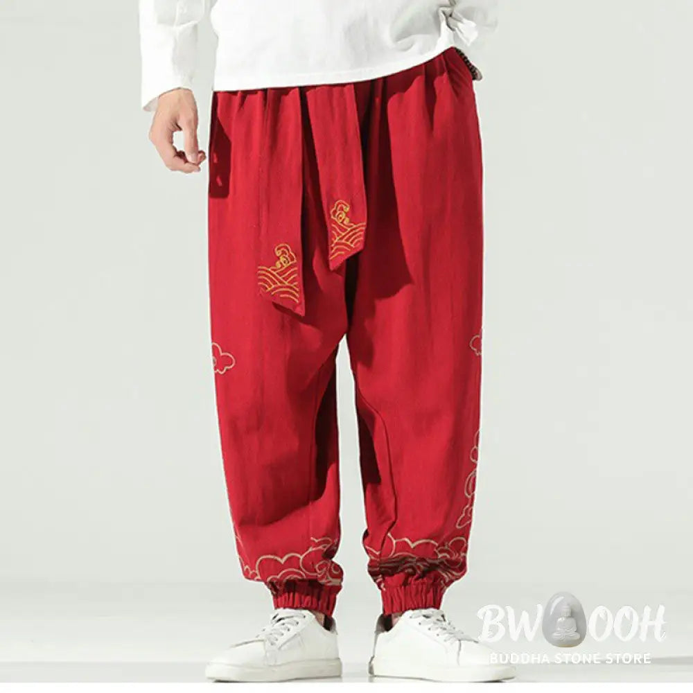 Buddha Stones Auspicious Clouds Cotton Linen Men’s Drawstring Harem Pants With Pockets - Men’s Tapered Pants