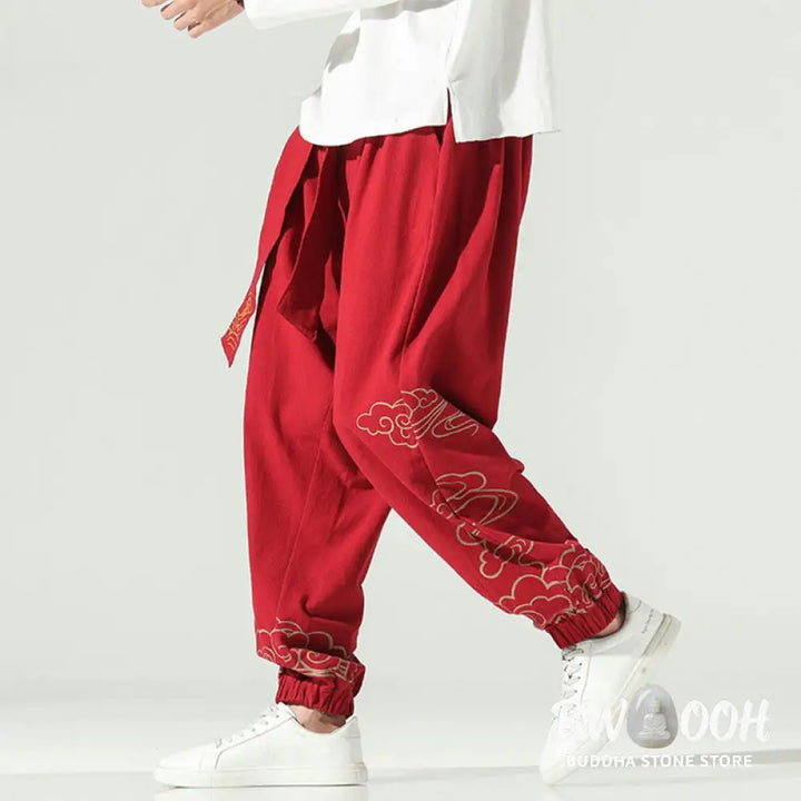 Buddha Stones Auspicious Clouds Cotton Linen Men’s Drawstring Harem Pants With Pockets - Men’s Tapered Pants