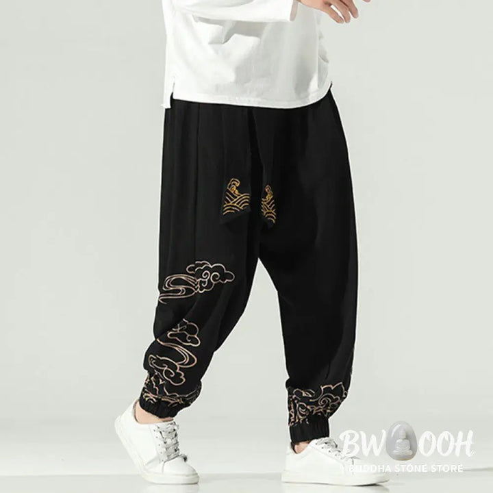 Buddha Stones Auspicious Clouds Cotton Linen Men’s Drawstring Harem Pants With Pockets - Men’s Tapered Pants