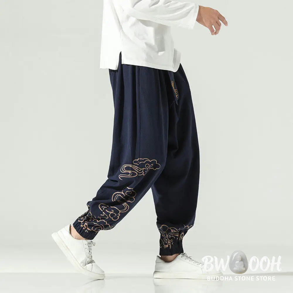 Buddha Stones Auspicious Clouds Cotton Linen Men’s Drawstring Harem Pants With Pockets - Men’s Tapered Pants