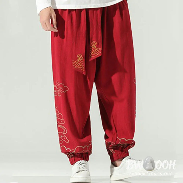 Buddha Stones Auspicious Clouds Cotton Linen Men’s Drawstring Harem Pants With Pockets - Men’s Tapered Pants