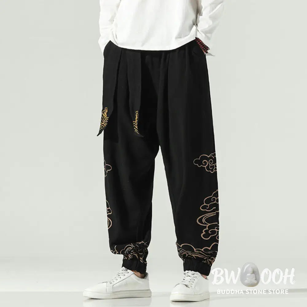 Buddha Stones Auspicious Clouds Cotton Linen Men’s Drawstring Harem Pants With Pockets - Men’s Tapered Pants