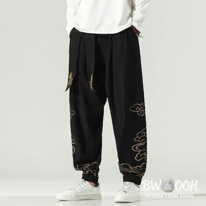 Buddha Stones Auspicious Clouds Cotton Linen Men’s Drawstring Harem Pants With Pockets - Men’s Tapered Pants