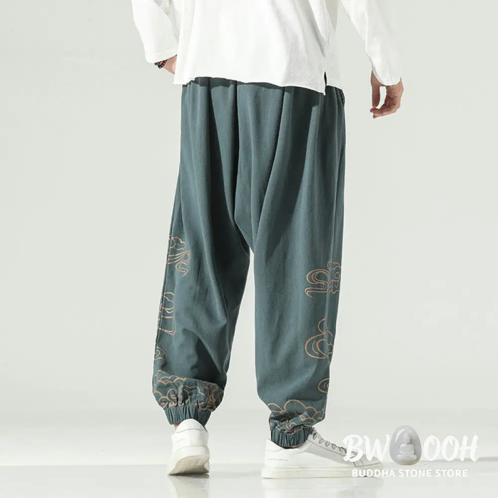 Buddha Stones Auspicious Clouds Cotton Linen Men’s Drawstring Harem Pants With Pockets - Men’s Tapered Pants
