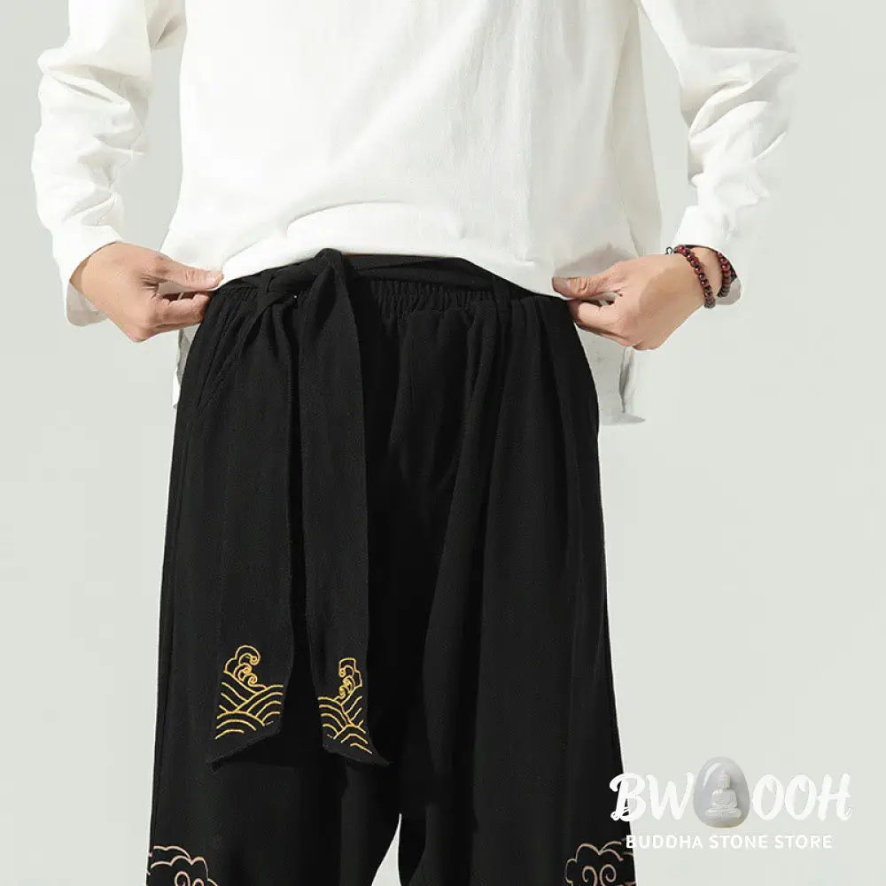 Buddha Stones Auspicious Clouds Cotton Linen Men’s Drawstring Harem Pants With Pockets - Men’s Tapered Pants