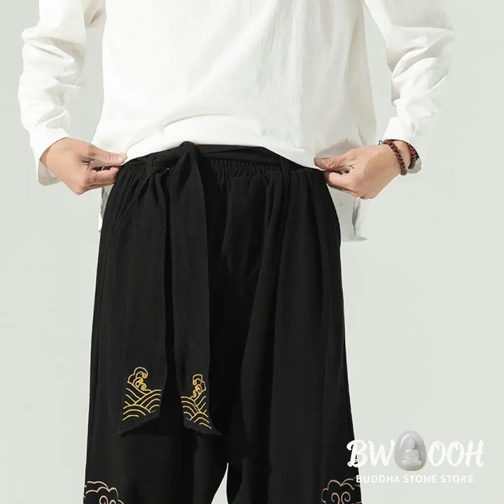 Buddha Stones Auspicious Clouds Cotton Linen Men’s Drawstring Harem Pants With Pockets - Men’s Tapered Pants