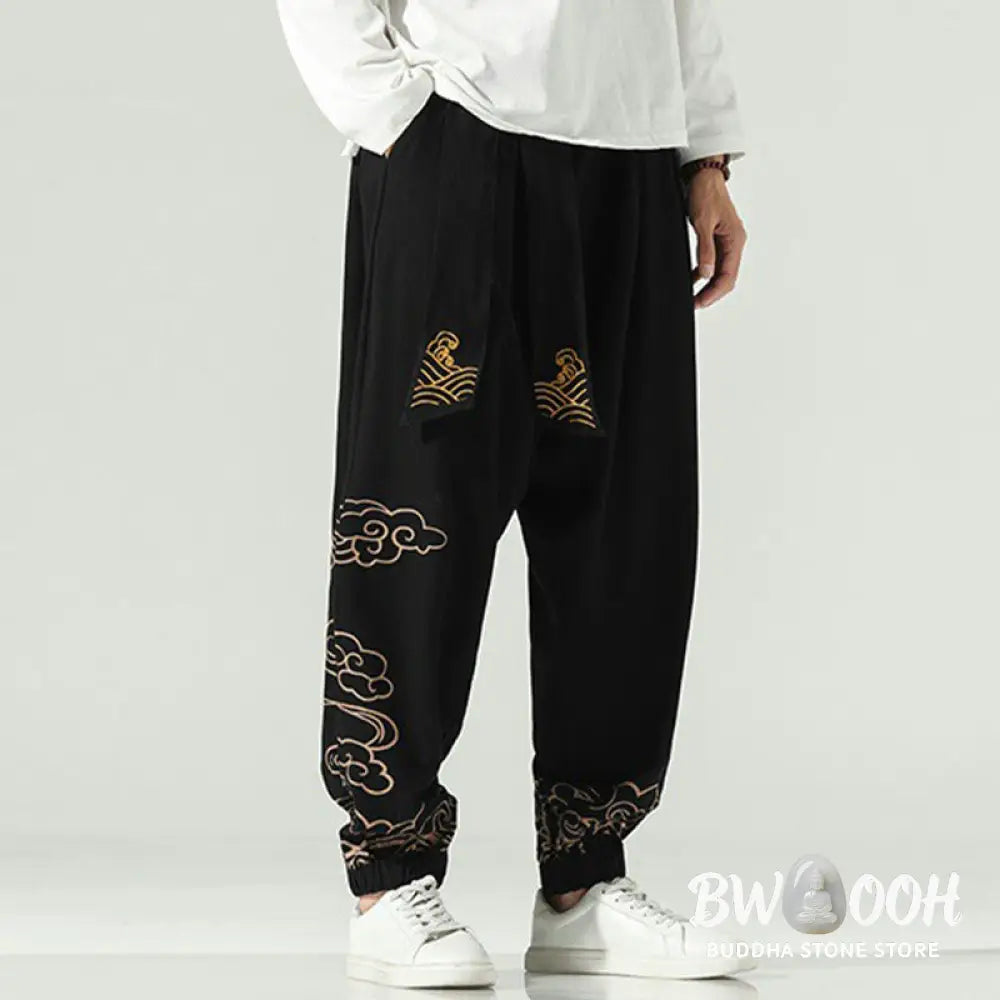Buddha Stones Auspicious Clouds Cotton Linen Men’s Drawstring Harem Pants With Pockets - Men’s Tapered Pants