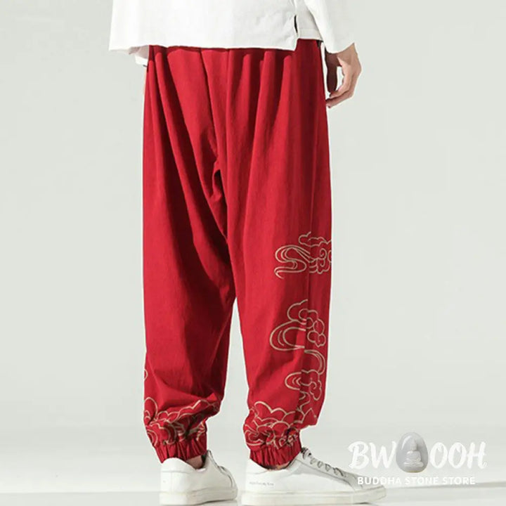 Buddha Stones Auspicious Clouds Cotton Linen Men’s Drawstring Harem Pants With Pockets - Men’s Tapered Pants