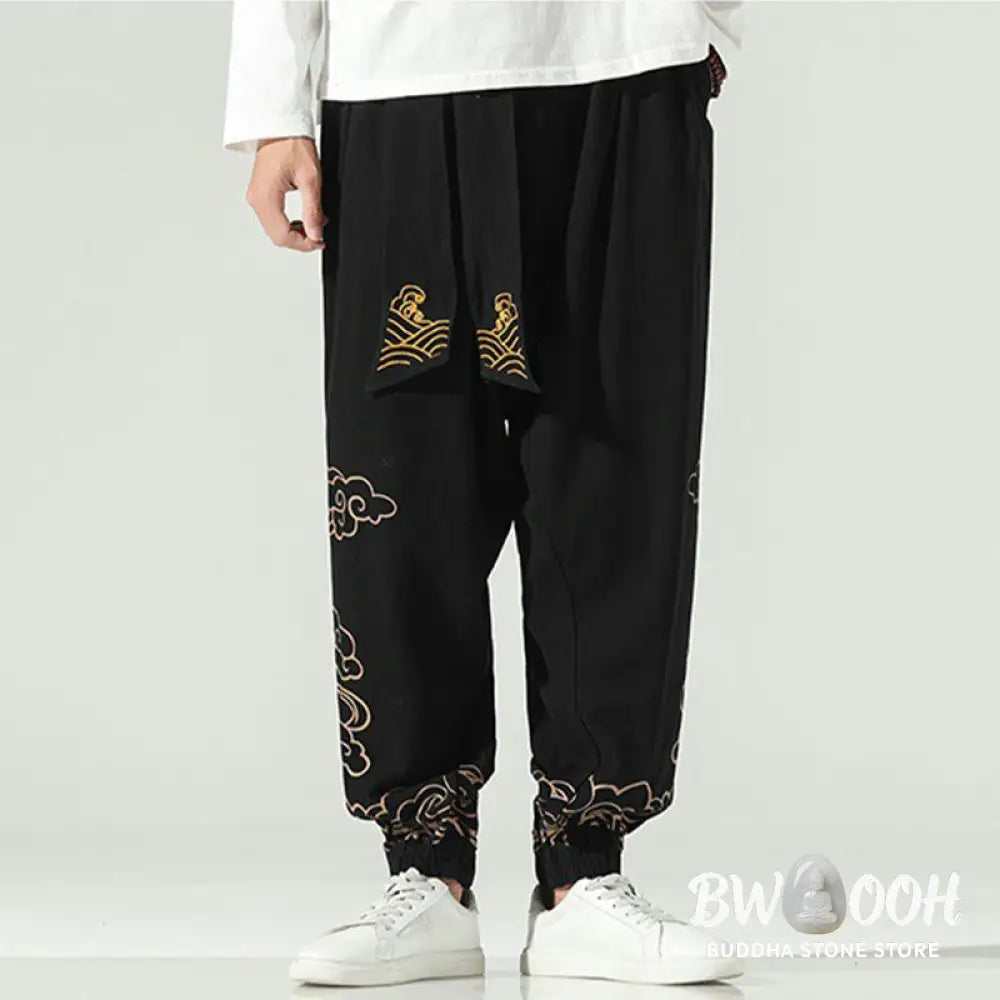 Buddha Stones Auspicious Clouds Cotton Linen Men’s Drawstring Harem Pants With Pockets - Men’s Tapered Pants