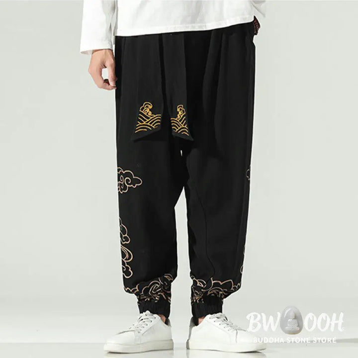 Buddha Stones Auspicious Clouds Cotton Linen Men’s Drawstring Harem Pants With Pockets - Men’s Tapered Pants