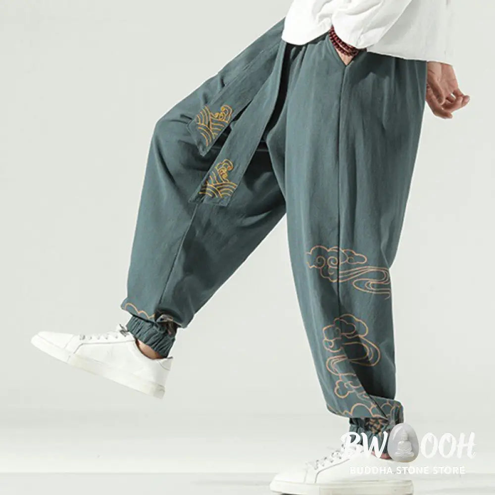 Buddha Stones Auspicious Clouds Cotton Linen Men’s Drawstring Harem Pants With Pockets - Men’s Tapered Pants