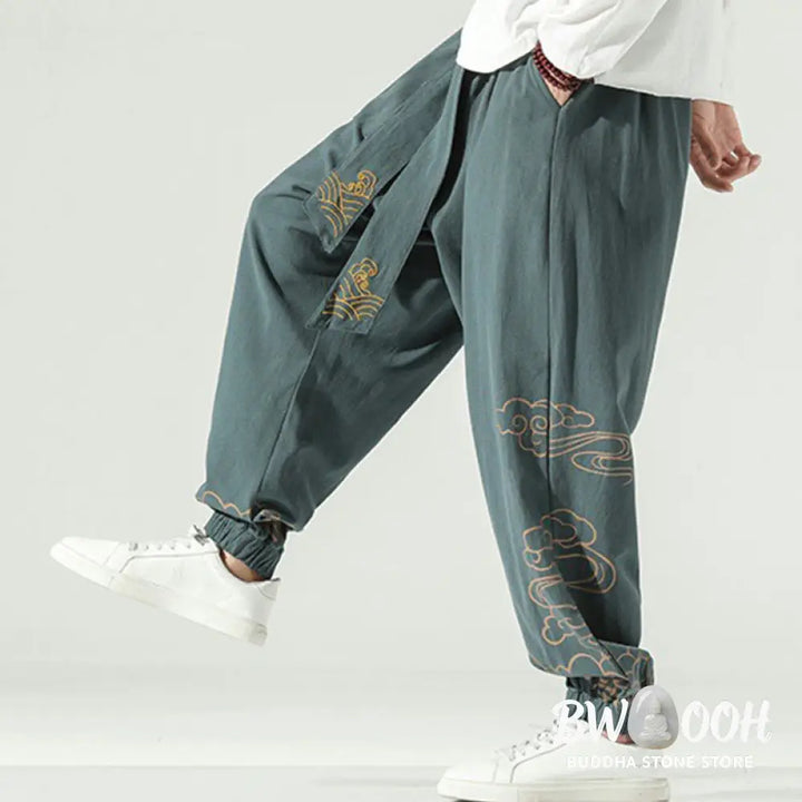 Buddha Stones Auspicious Clouds Cotton Linen Men’s Drawstring Harem Pants With Pockets - Men’s Tapered Pants