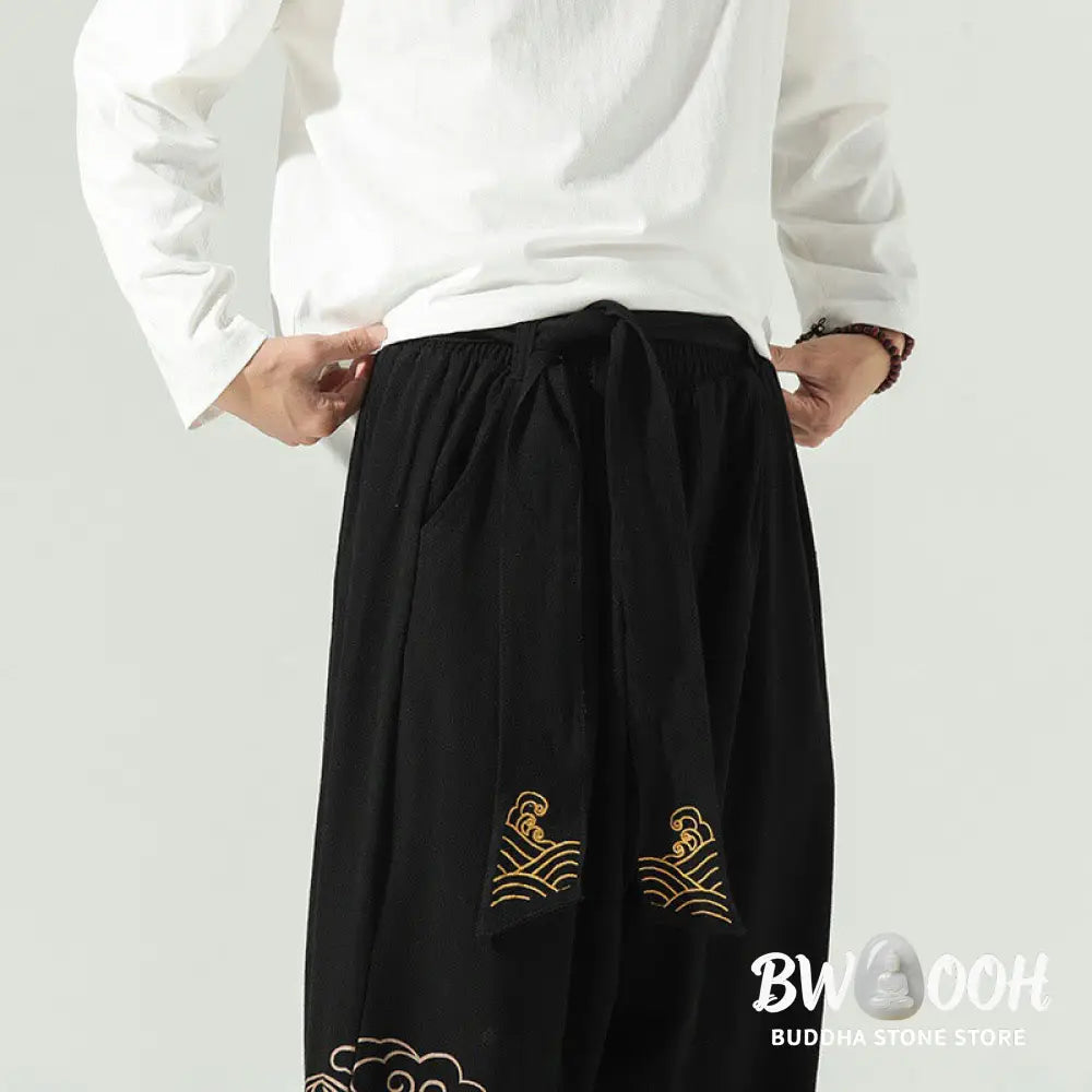 Buddha Stones Auspicious Clouds Cotton Linen Men’s Drawstring Harem Pants With Pockets - Men’s Tapered Pants