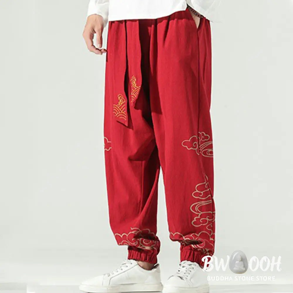 Buddha Stones Auspicious Clouds Cotton Linen Men’s Drawstring Harem Pants With Pockets - Men’s Tapered Pants