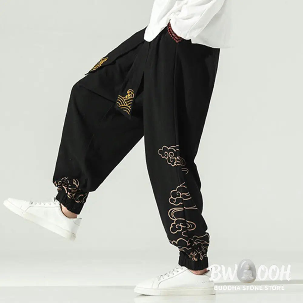 Buddha Stones Auspicious Clouds Cotton Linen Men’s Drawstring Harem Pants With Pockets - Men’s Tapered Pants