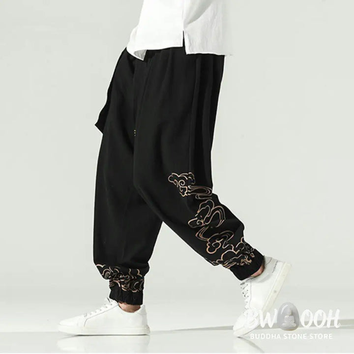 Buddha Stones Auspicious Clouds Cotton Linen Men’s Drawstring Harem Pants With Pockets - Men’s Tapered Pants