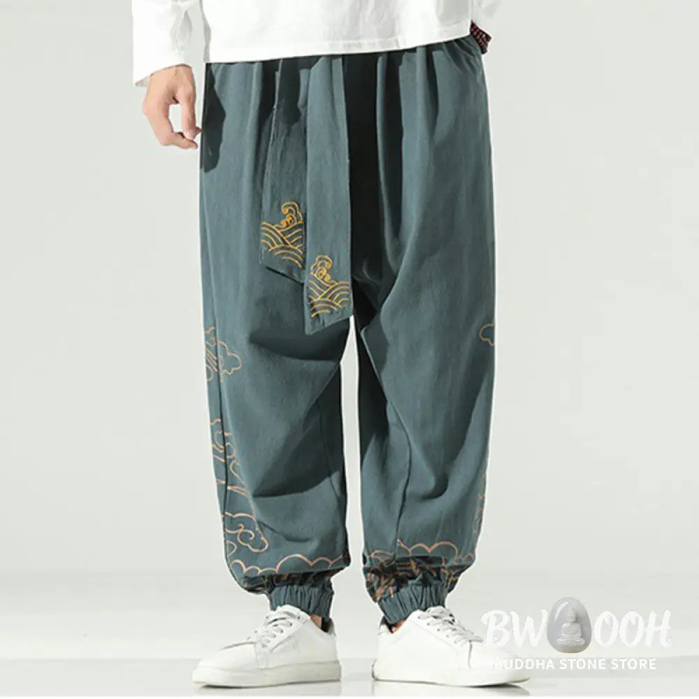 Buddha Stones Auspicious Clouds Cotton Linen Men’s Drawstring Harem Pants With Pockets - Men’s Tapered Pants