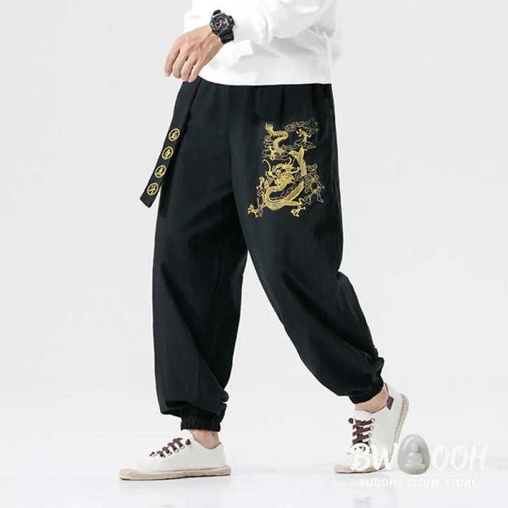 Buddha Stones Auspicious Clouds Dragon Cotton Men’s Pants With Pockets - Men’s Pants