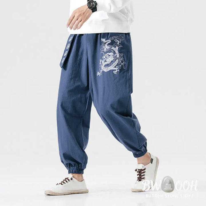 Buddha Stones Auspicious Clouds Dragon Cotton Men’s Pants With Pockets - Men’s Pants