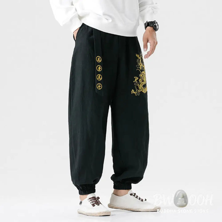 Buddha Stones Auspicious Clouds Dragon Cotton Men’s Pants With Pockets - Men’s Pants
