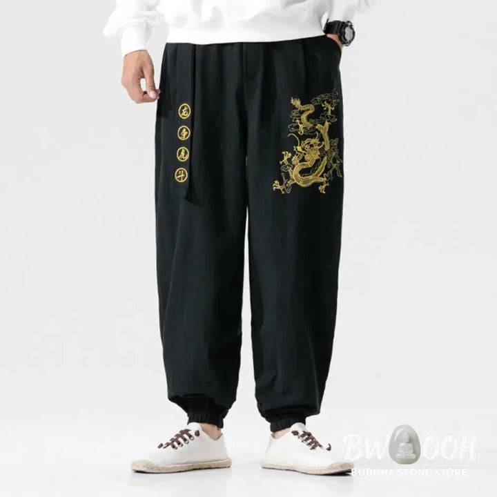 Buddha Stones Auspicious Clouds Dragon Cotton Men’s Pants With Pockets - Men’s Pants