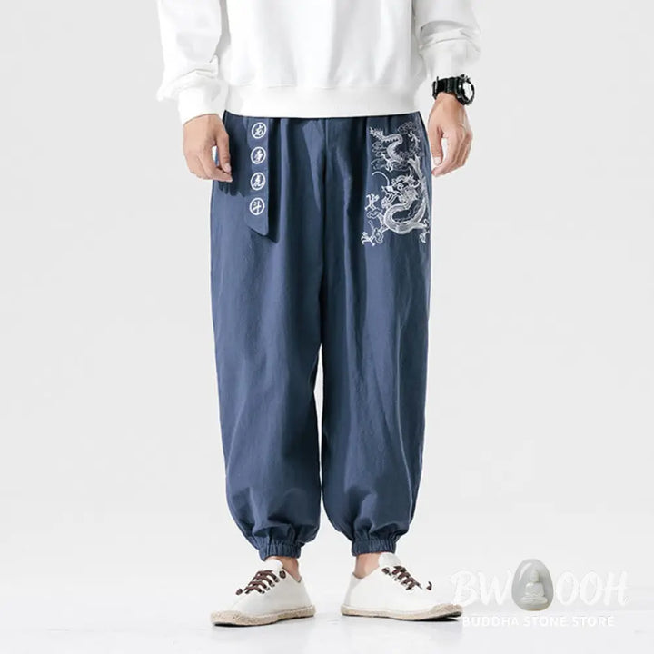 Buddha Stones Auspicious Clouds Dragon Cotton Men’s Pants With Pockets - Men’s Pants