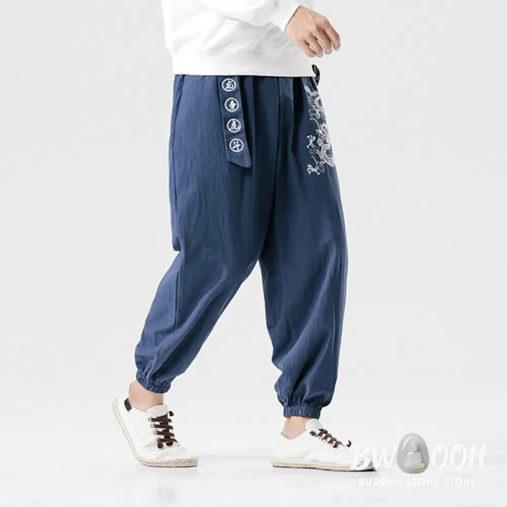 Buddha Stones Auspicious Clouds Dragon Cotton Men’s Pants With Pockets - Men’s Pants