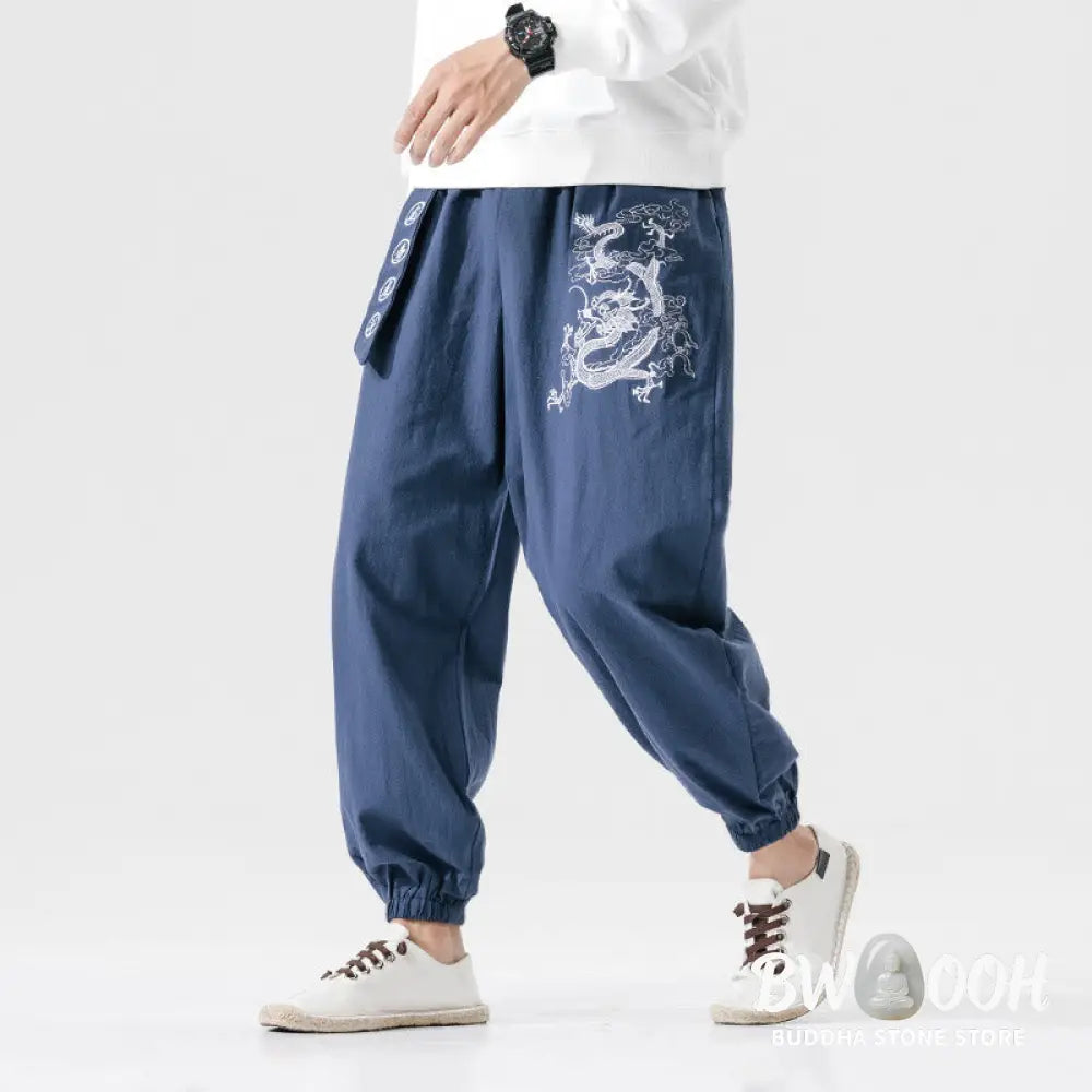 Buddha Stones Auspicious Clouds Dragon Cotton Men’s Pants With Pockets - Men’s Pants