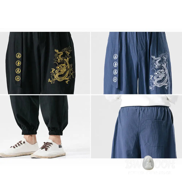 Buddha Stones Auspicious Clouds Dragon Cotton Men’s Pants With Pockets - Men’s Pants