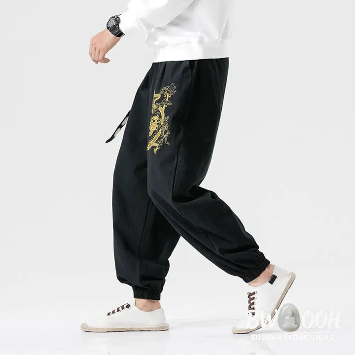 Buddha Stones Auspicious Clouds Dragon Cotton Men’s Pants With Pockets - Men’s Pants
