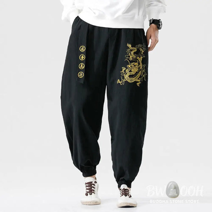 Buddha Stones Auspicious Clouds Dragon Cotton Men’s Pants With Pockets - Men’s Pants
