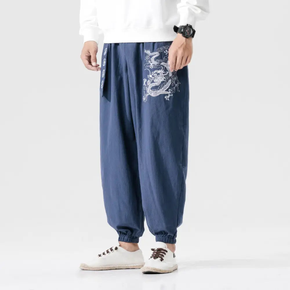 Buddha Stones Auspicious Clouds Dragon Cotton Men’s Pants With Pockets - SteelBlue / US/UK/AU34，EU44 (M) - Men’s Pants