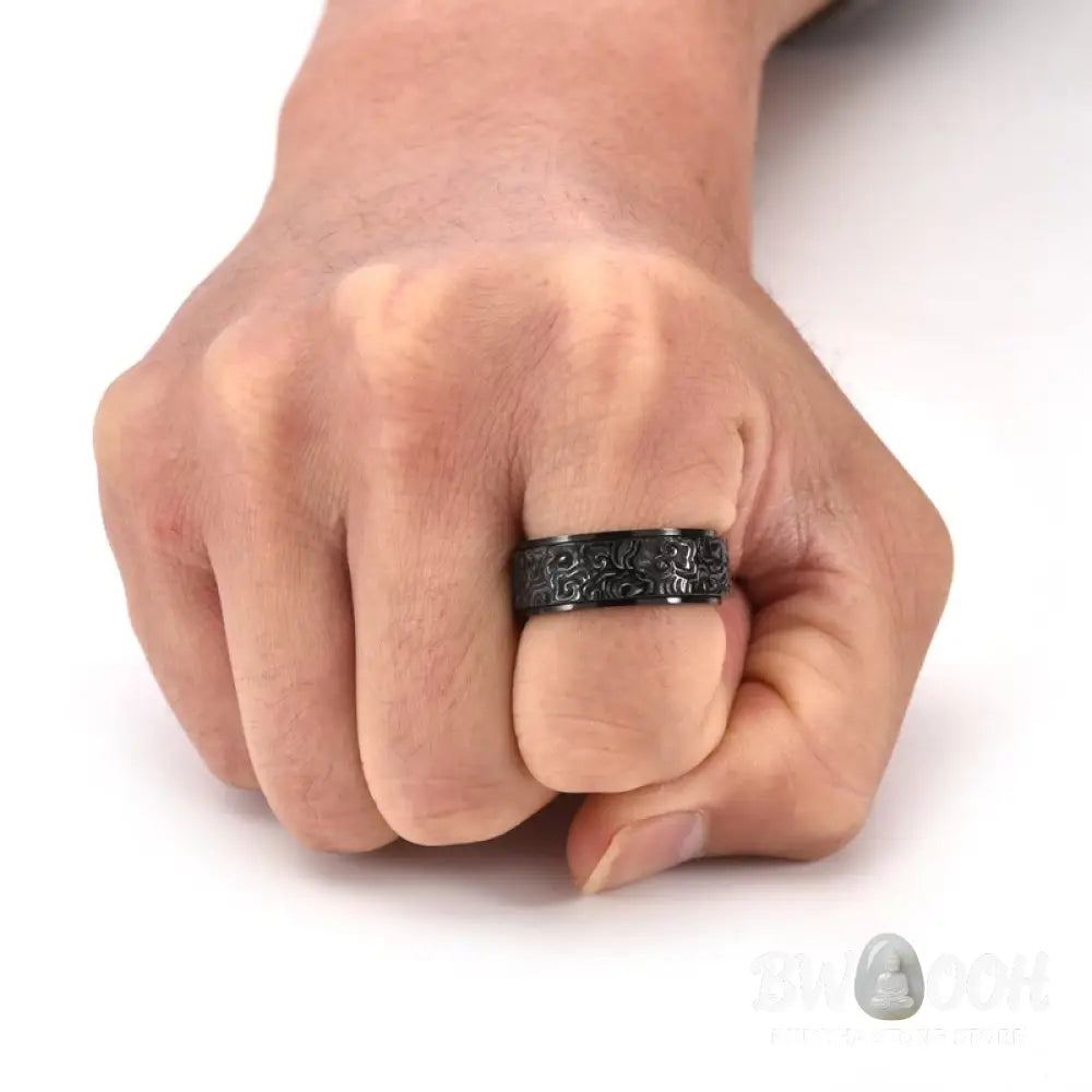 Buddha Stones Auspicious Clouds Pattern Carved Titanium Steel Balance Rotatable Ring - Ring