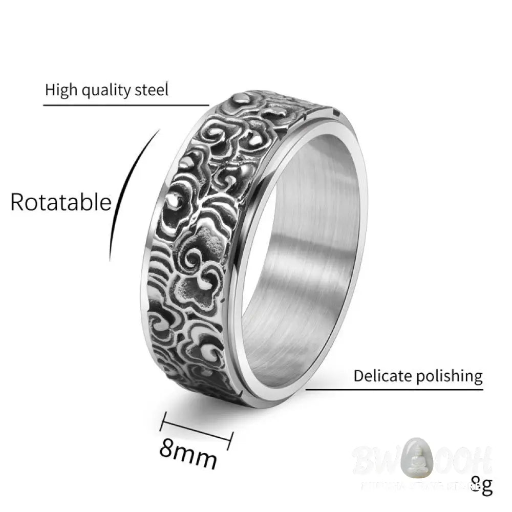 Buddha Stones Auspicious Clouds Pattern Carved Titanium Steel Balance Rotatable Ring - Ring