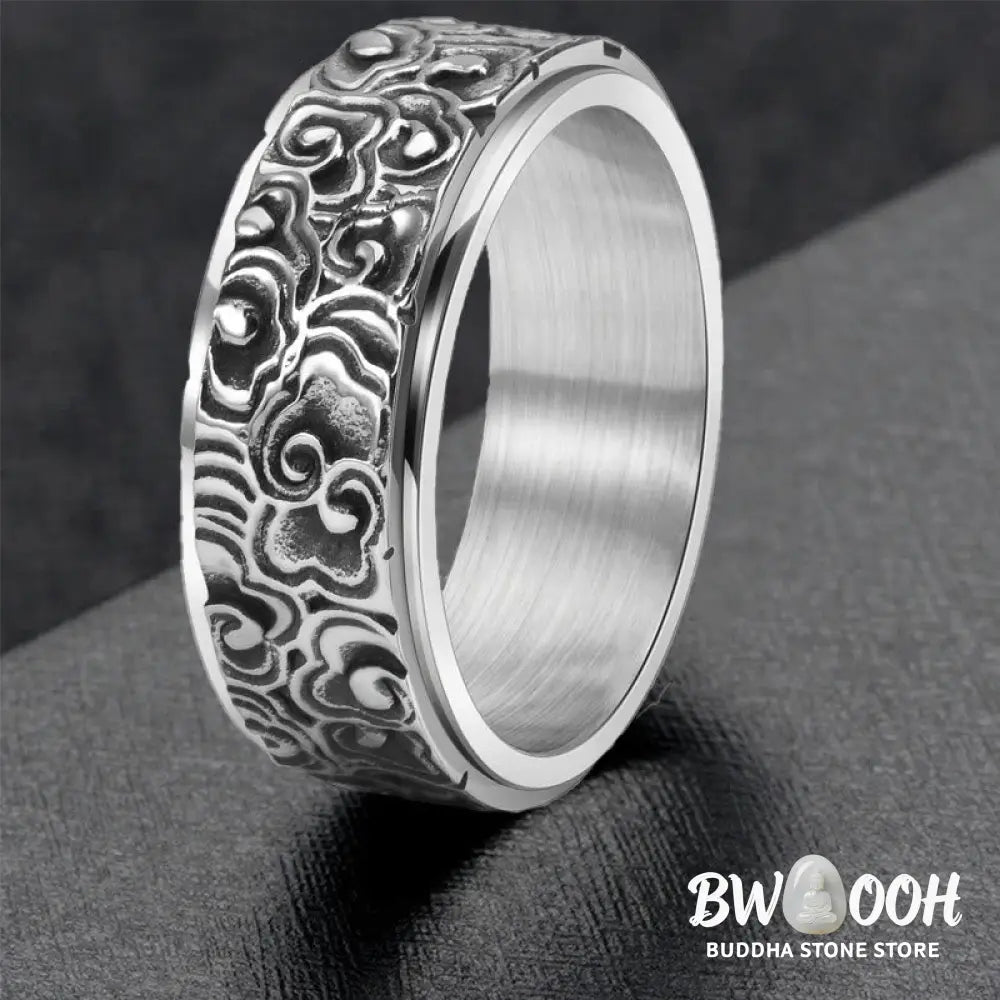 Buddha Stones Auspicious Clouds Pattern Carved Titanium Steel Balance Rotatable Ring - Ring