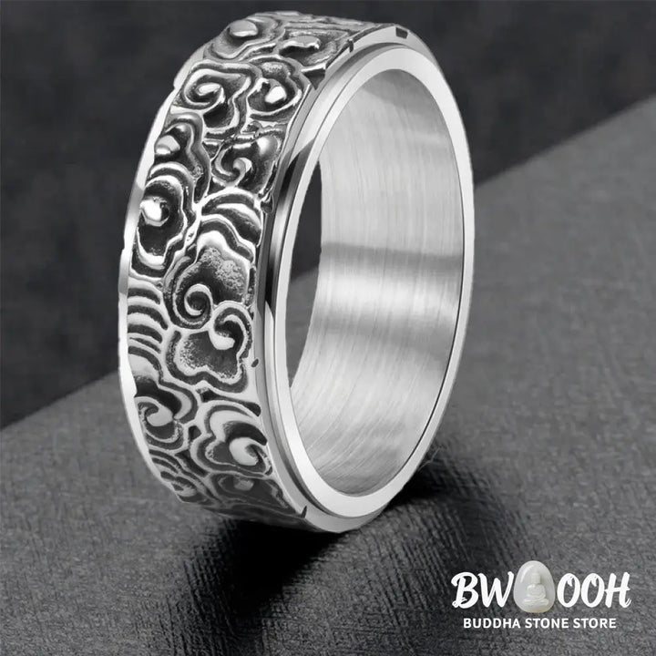 Buddha Stones Auspicious Clouds Pattern Carved Titanium Steel Balance Rotatable Ring - Ring
