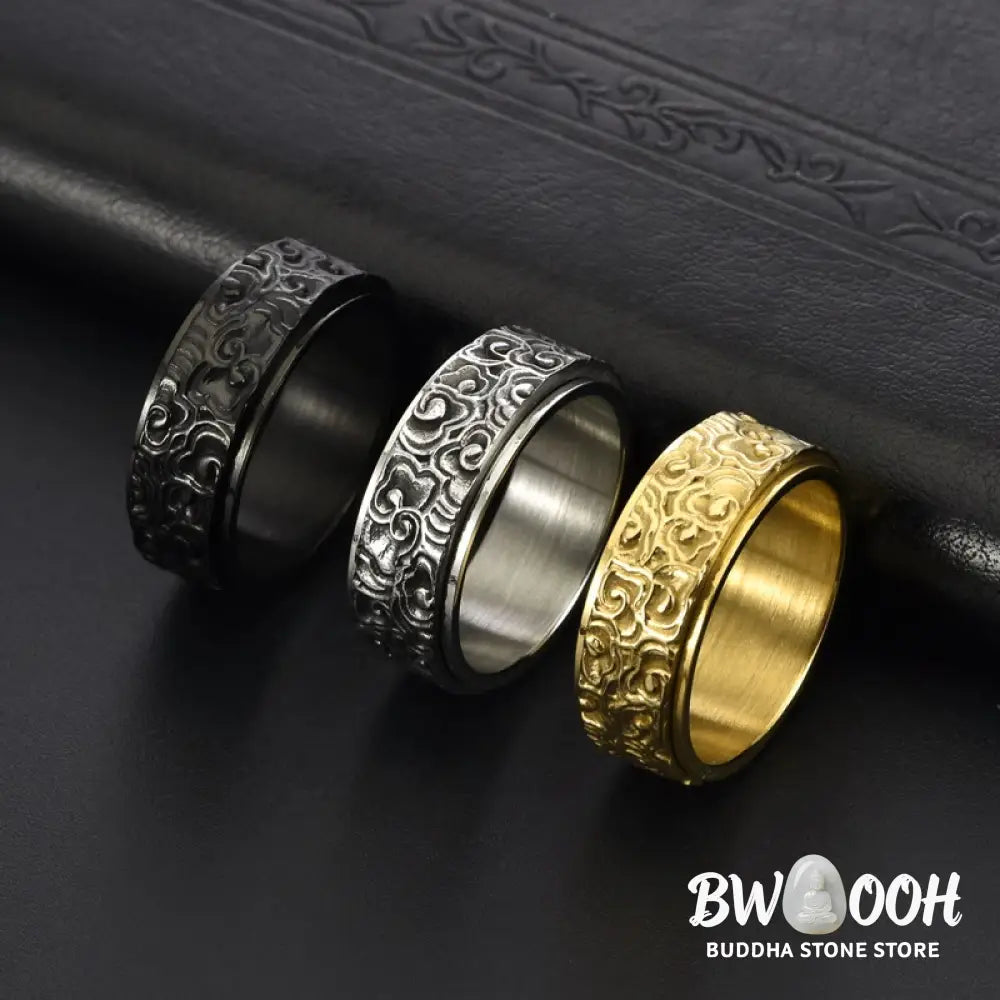 Buddha Stones Auspicious Clouds Pattern Carved Titanium Steel Balance Rotatable Ring - Ring