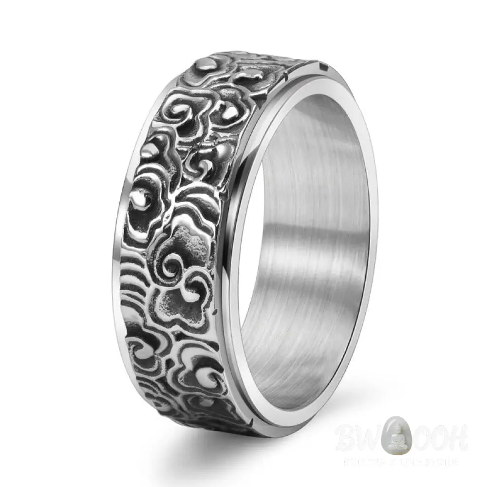 Buddha Stones Auspicious Clouds Pattern Carved Titanium Steel Balance Rotatable Ring - Ring
